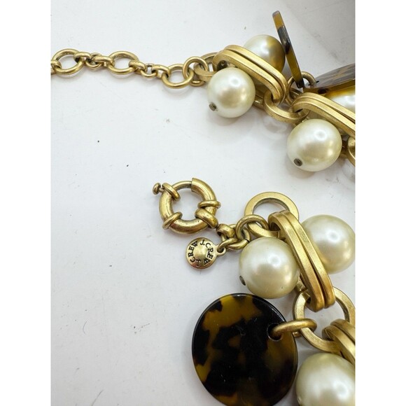 J. Crew Faux Pearl Chunky Necklace Tortoise Shell Dangles Brushed Gold Tone - Picture 2 of 8